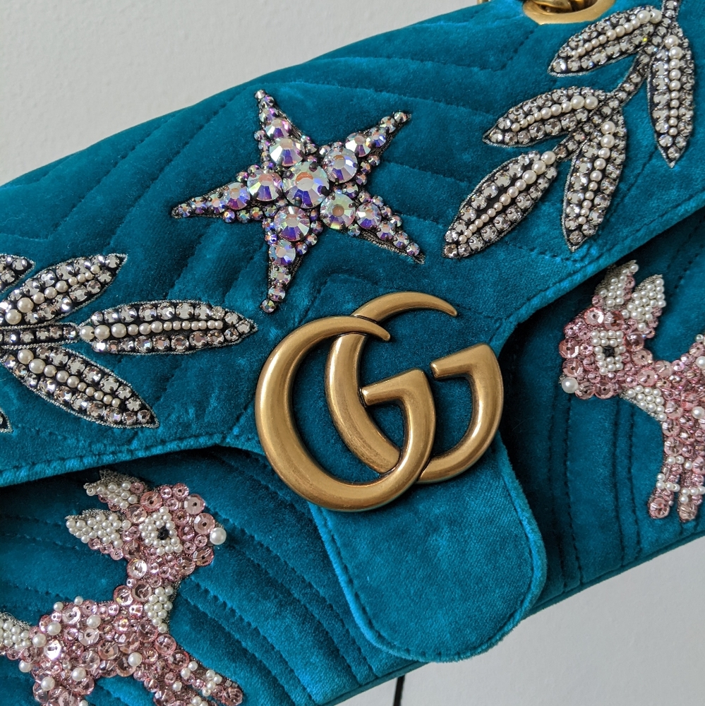 Gucci Velvet Matelasse Embroidered Small GG Marmont Shoulder Bag Pavone Cyan - Picture 5 of 15